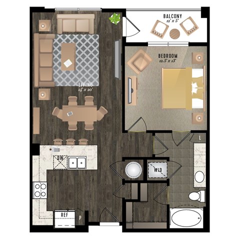 A floor plan of a house with a balcony, bedroom, living room, and bathroom.